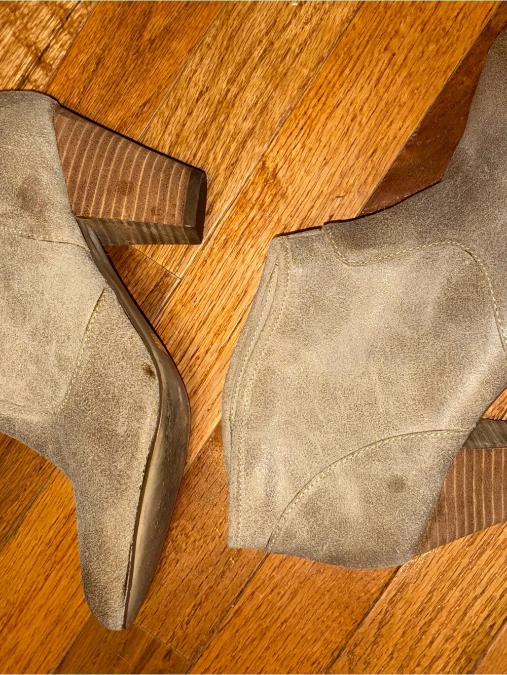 Report Taupe Suede Ankle Booties with Stacked Heel